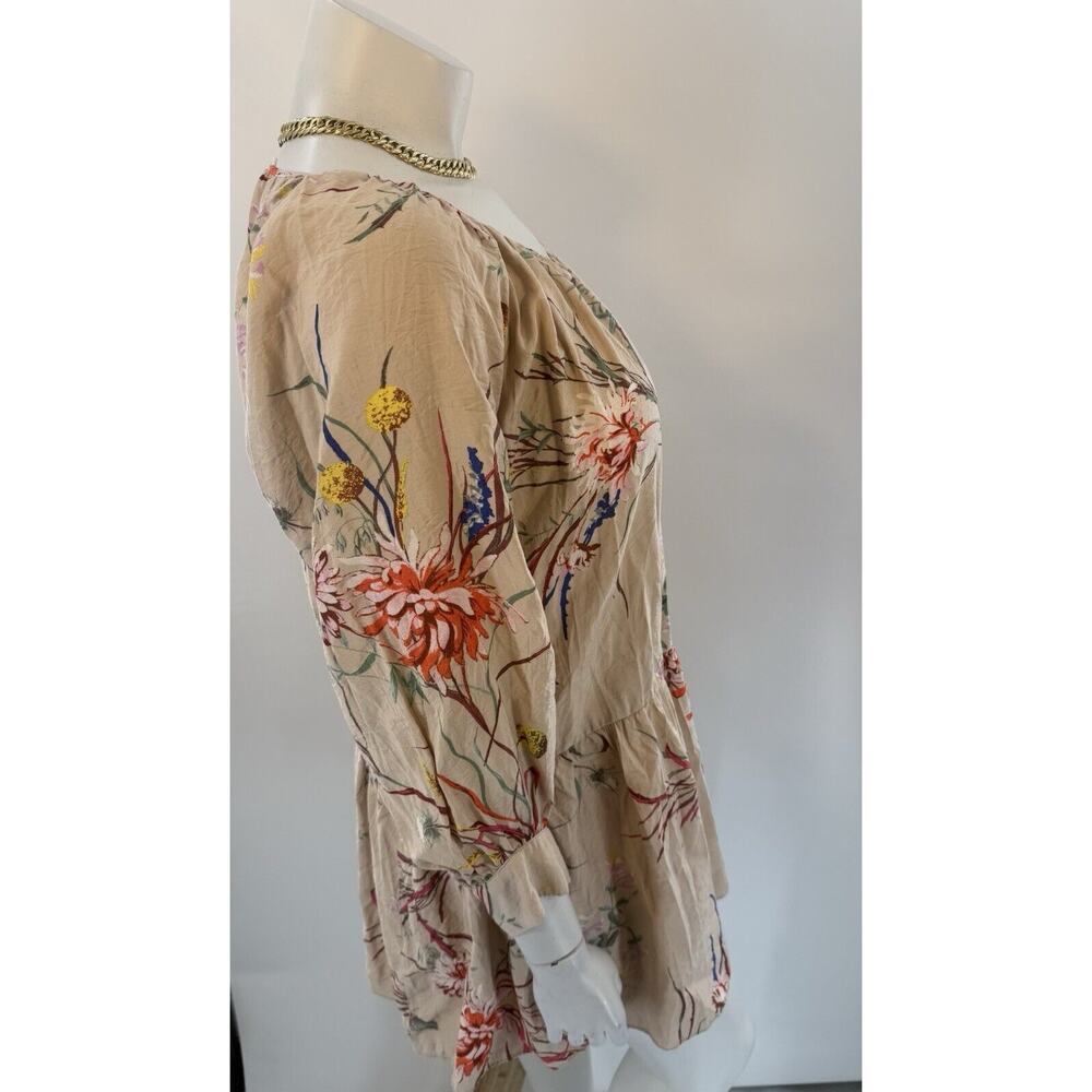 H&M Euc Size Small Women’s Beige Floral Ruffle Chiffon Long Sleeve Blouse - Picture 2 of 5